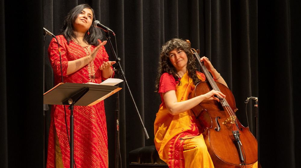 Swarnali Banerjee and Molly Greening perform side by side in Ochin Pakhi.